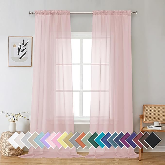 Aiyufeng Blush Pink Sheer Curtains 90 Inches Long 2 Panels Set, Light Filtering Soft Airy Voile Rod Pocket Baby Pink Sheer Window Drapes for Bedroom Living Room, Each 42Wx90L Inches