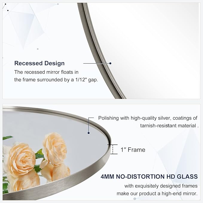 ANDY STAR 30" Round Brushed Nickel Bathroom Mirror, Silver Wall Mirror for Bathroom，Metal Round Circle Mirror for Wall, Bathroom (Premium Stainless Steel Frame)