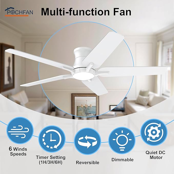 52 Inch White Ceiling Fans with Lights and Remote, Flush Mount Low Profile Ceiling Fan for Bedroom, Living Room, Patio, Dimmable 6 Speeds Noiseless Reversible, ETL Listed