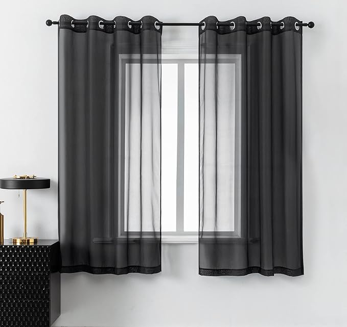 DUALIFE 72 Inches Length Black Sheer Curtains for Bedroom Set of 2 Panels Grommet Faux Linen Semi Voile Window Drapes Elegant Office Curtains for Men Living Room 52x72 Inches Long