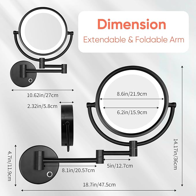 GURUN 8.5 Inch Magnifying Makeup Mirror with 3 Dimmable LED Lights Double Sided Touch Control Vanity Mirror for Bathroom with 10X Magnification Black Finish M1809D(Black/10X)