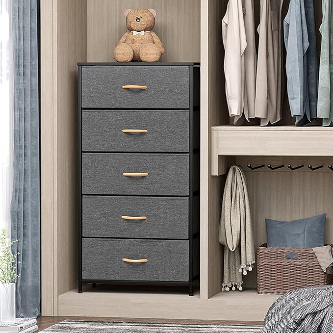 Crestlive Products Vertical Dresser Storage Tower - Sturdy Steel Frame, Wood Top, Easy Pull Fabric Bins - Wide Organizer Unit for Bedroom, Hallway, Entryway, Closets - 5 Drawers(Gray)