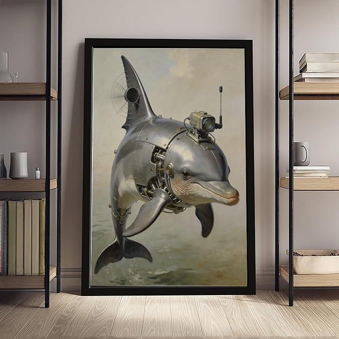 Framed Steampunk Mechanical Dolphin Wall Art - Marine Retro-Futuristic Poster for Beach House Living Room Decor 08x12in