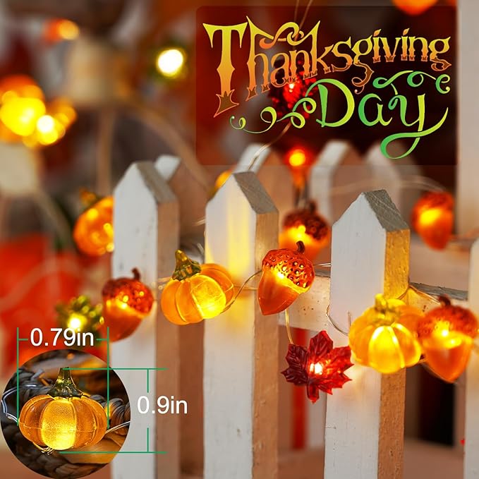 BOHON Thanksgiving Decoration Acorn 3D Pumpkin Maple Leaf String Lights Battery Operated with Remote 10ft 30 LEDs Orange Fall Lights for Home Autumn Garland Harvest Halloween Party Christmas Decor