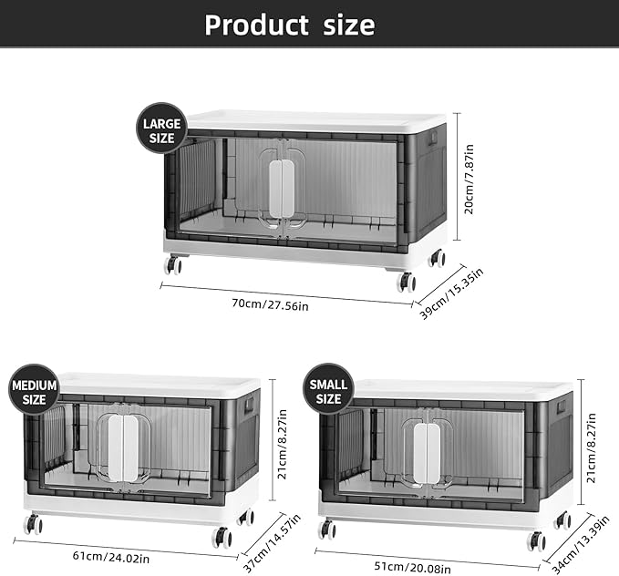 Folding Storage Organizer with Silent casters | Stackable Design for Home & Office, Heavy-Duty Plastic Storage Bin with Clear Door, 3 Sizes (19.5/23.5/27.5in),Black/White (19.7" 4 layer, White)