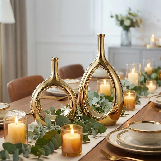 Glossy Gold Vase Ceramic Gold Vases Home Decor,Modern Minimalist Circle with Hole Decorative Vase, Hollow Ellipse Flower vases for Bookshelf, Fireplace Mantle, Centerpieces,Farmhouse,Rustic Décor