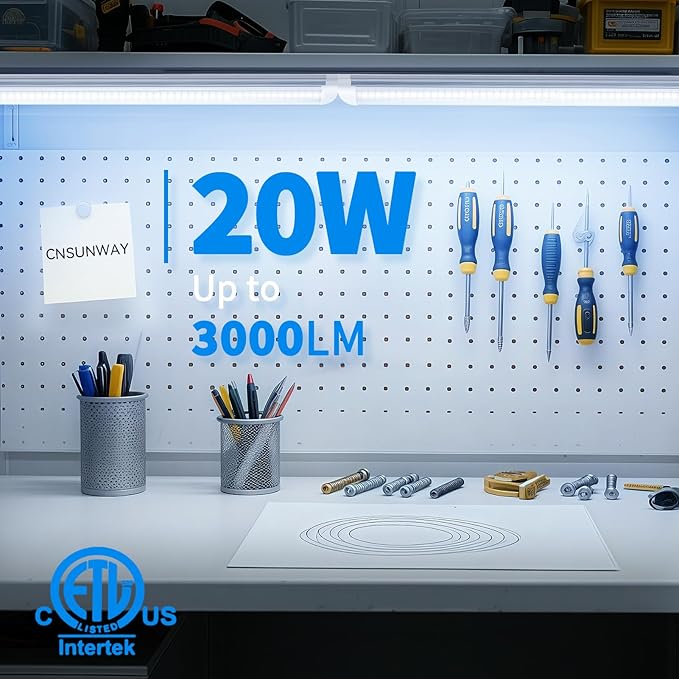 CNSUNWAY LED Shop Light 2FT, 20W 3000LM 6500K, T8 LED Tube Lights, Clear Cover, Ceiling and Utility Shop Lights, Linkable Light Fixture for Room, Garage, Workbench, Warehouse, ETL Listed (2 Pack)