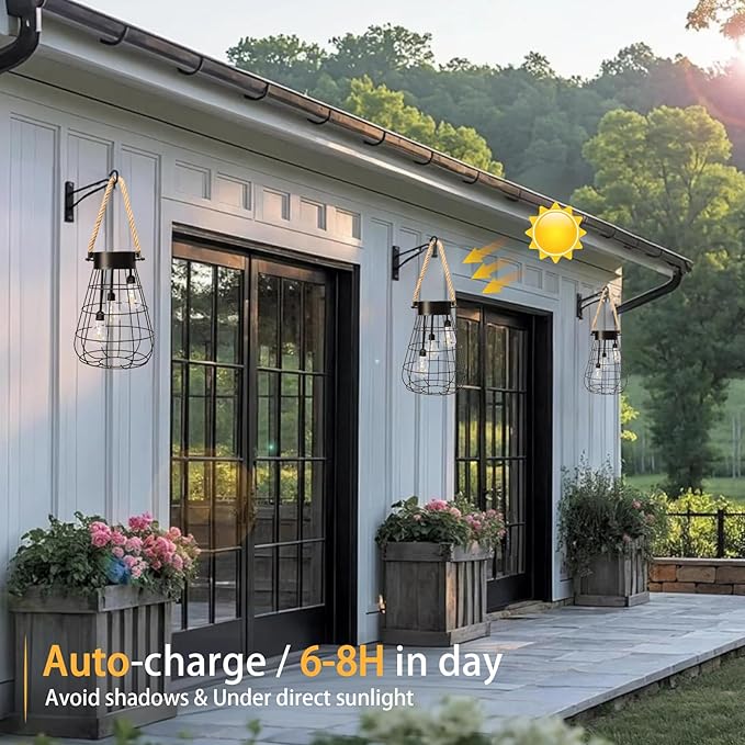 Solar Hanging Lantern with Rope, Vintage Industrial Pendant Light, 12.8" Solar Powered Outdoor Lantern, IP65 Waterproof Garden Light, Warm White Glow, Rechargeable for Patio, Porch, Yard Decor