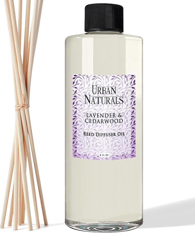 Urban Naturals Reed Diffuser Oil Refill Lavender Cedarwood with Warm Wood, Spa-Inspired Notes 8 oz + Free Reed Sticks, Made in the USA