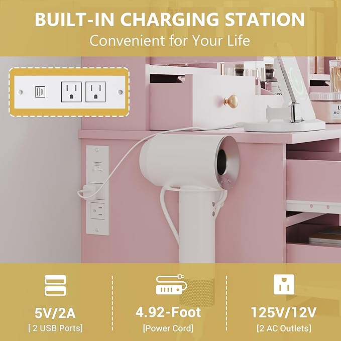 Makeup Vanity Desk with Mirror and Lights, Pink Vanity Table Set with Storage Drawers, Charging Station & Cabinets, Large Dressing Table with RGB Ambient Light for Women Girls Bedroom Bathroom
