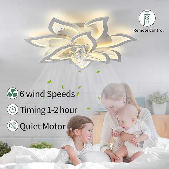 Modern Ceiling Fan with Light and Remote, Low Profile Ceiling Fans with Lights, 32 Inch Flush Mount Ceiling Fan with 3 Light Color 6 Speeds, Fandelier Ceiling Fan for Living Room, Dining Room