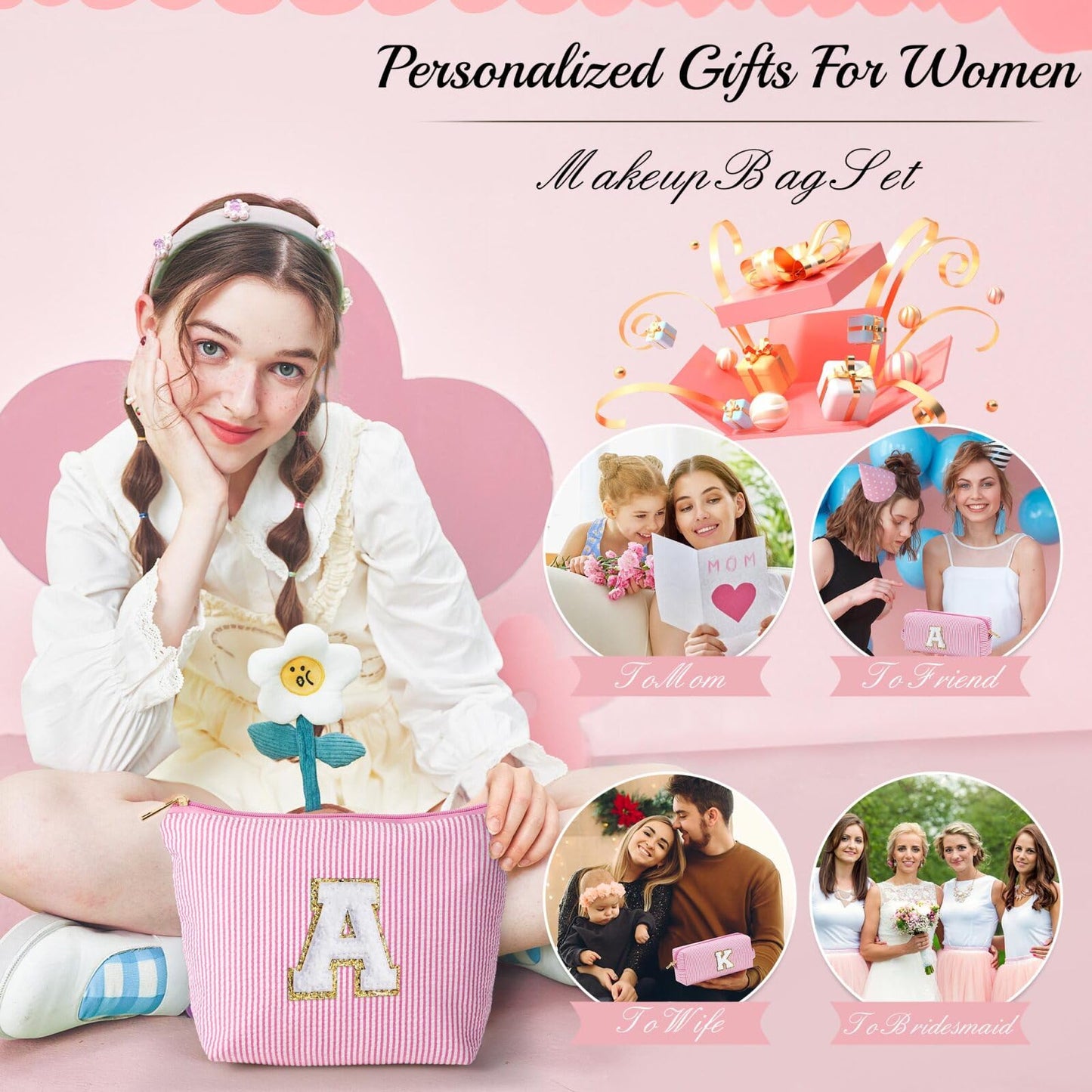 YOOLIFE Mothers Day Gifts for Women Girls- Pink Preppy Makeup Bag Best Friend Birthday Gifts Graduation Teacher Gifts Wedding Gifts Bridesmaid Gifts Daughter Teacher Wife Gifts Teen Girl Gifts M