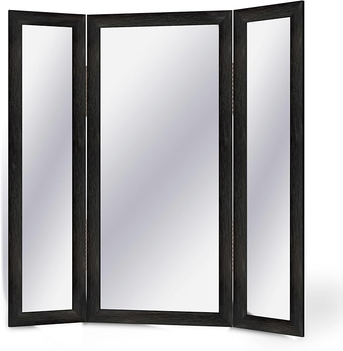 Houseables 3 Way Mirror, Floor Mirror, Full Length, Trifold, Three Way Folding, Floor Standing, Full Body, Wood Framed, 3 Sided for Bedroom, Makeup, Oversized, Foldable, Black, 71 x 32 to 65 Inch