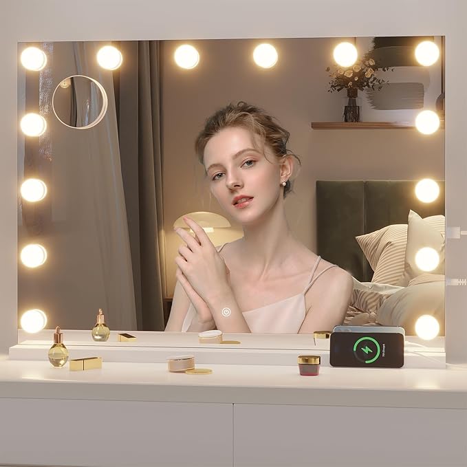 Hasipu Hollywood Vanity Mirror with Lights, 35" x 24" Makeup Mirror with 16 Dimmable LED Bulbs 3 Color Modes & Detachable, 5X Magnifying Glass, Touch Control, USB and Type-C, Tempered Glass