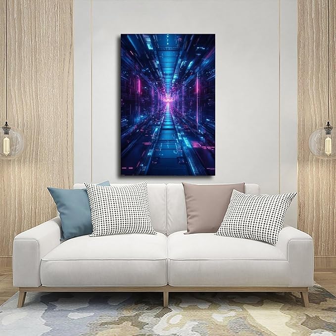 High-Tech Digital Abstract Wall Art – Glowing Geometric Canvas Print – Minimalist Futuristic Aesthetic Home Decor Poster Canvas Artwork Prints Rustic Farmhouse Decorations for Living Room Bathroom Bed