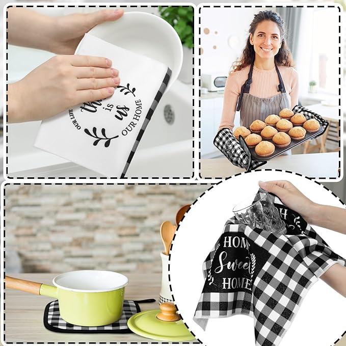 Fourluoo 10 Pcs Kitchen Set Kitchen Towels and Rugs Oven Mitts and Pot Holders Farmhouse Decor for Women Mom Gift Cooking Baking Grilling(White Black)
