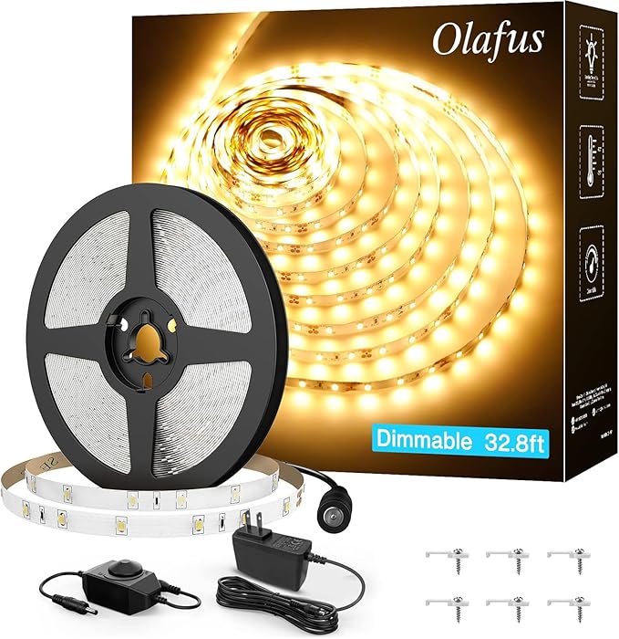 Olafus 32.8ft LED Strip Lights Warm White, Dimmable Soft White Light Strip 3000K with Adhesive Clips, 12V 10M Flexible Led Lights for Bedroom Indoor Kitchen, UL Listed Plug, 600 LEDs 2835