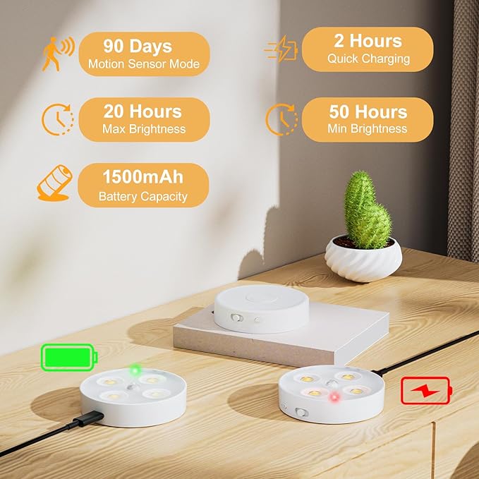 RGB Puck Lights with Remote & Motion Sensor – 1500mAh Rechargeable Under Cabinet Lighting for Kitchen, Closet & Stairs – 13 Colors, Magnetic Stick-On Lights, 4 Pack