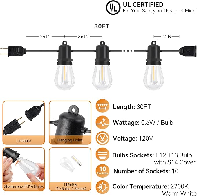 30FT LED Outdoor String Lights Dimmable Shatterproof S14 Bulbs IP44 Weatherproof Hanging Lights for Small Patio Balcony Tent DIY Project