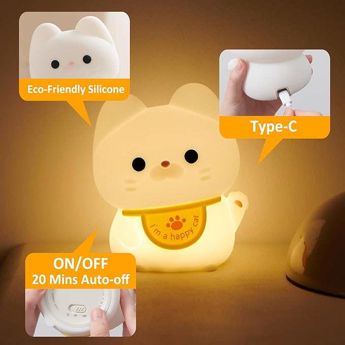 Attivolife Cute Cat Night Light for Kids, Animal Kitty Silicone Touch LED Lamp with Dimmable Timer, USB Rechargeable Toddler Feeding Bedroom Bedside Decor Birthday Xmas Gifts for Girls Baby