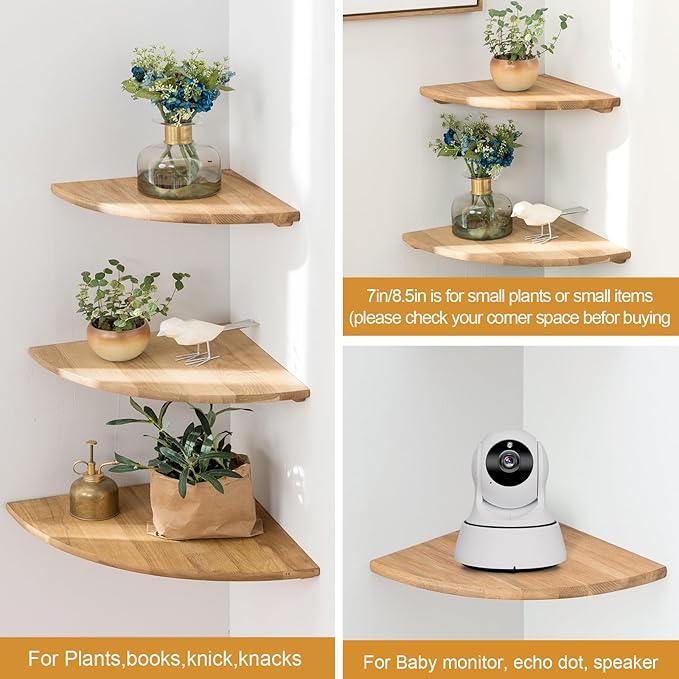 Corner Shelves, Floating Corner Shelf, Set of 2 7inch Solid Oak Wood Wall Shelves, Round End Wall Mount with Wire Hole Shelving for Small Plant for Bedroom Kitchen, Living Room