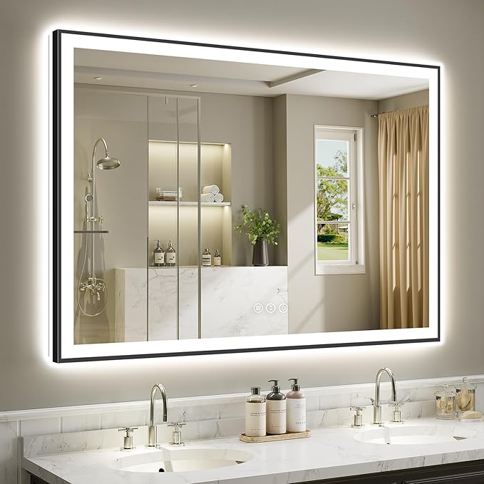 60x40 Inch LED Bathroom Mirror with Lights (Front Lit and Backlit) Black Framed Lighted Vanity Mirror for Bathroom Wall Dimmable Anti-Fog Memory Tempered Glass Horizontal/Vertical