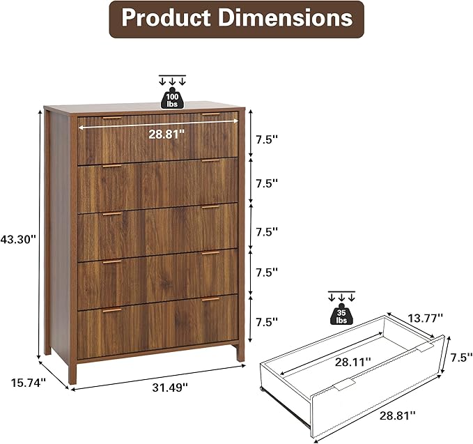 5 Drawer Dressers for Bedroom, Modern Closet Chest of Drawers with Waveform Fluted Panel, Large Wood Storage Dresser Organizer for Nursery Bedroom Living Room Hallway Closet, Walnut