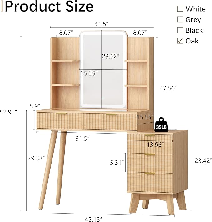 42'' Fluted Makeup Vanity Desk with LED Lights Mirror & Charging Station, Modern Glass Top Vanity Table with 5 Drawers & Open Shelves, Dressing Table for Bedroom, Living Room, Oak