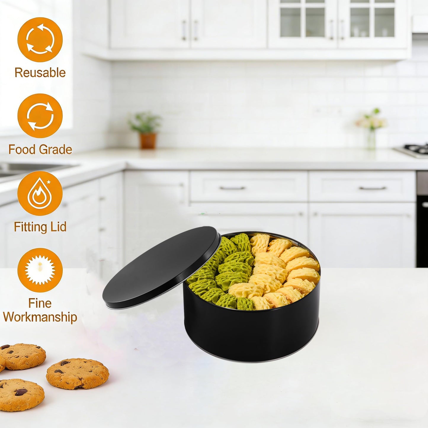 Yopay 3 Pack Cookie Tin with Lid, Round Gift Tin, Black Baking Cake Container for Storing Patisseries, Snack, Chocolate, Easter, Special Occasion, Holidays, 7" Wide by 3.2"" Tall"