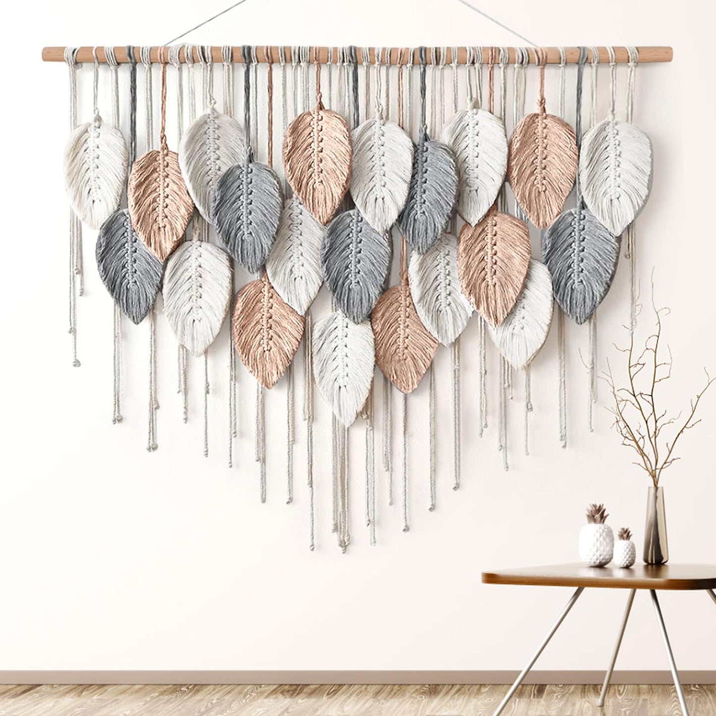 Alynsehom Large Macrame Wall Hanging, Boho Woven Tapestry, Chic Modern Bohemian Handmade Leaf Feather Wall Art Home Decor for Apartment Dorm Living Room Bedroom Nursery Backdrop (39" W X 29.5"" L)"