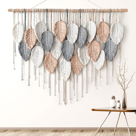 Alynsehom Large Macrame Wall Hanging, Boho Woven Tapestry, Chic Modern Bohemian Handmade Leaf Feather Wall Art Home Decor for Apartment Dorm Living Room Bedroom Nursery Backdrop (39" W X 29.5"" L)"