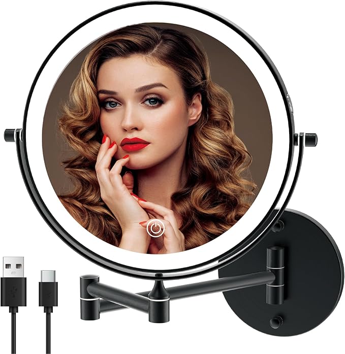 Rechargeable Wall Mounted Lighted Makeup Vanity Mirror 8 Inch Double Sided 1X 10X Magnifying Bathroom Mirror, 3 Color Lighting, Touch Screen Dimming, 360 Rotation Shaving Matte Black