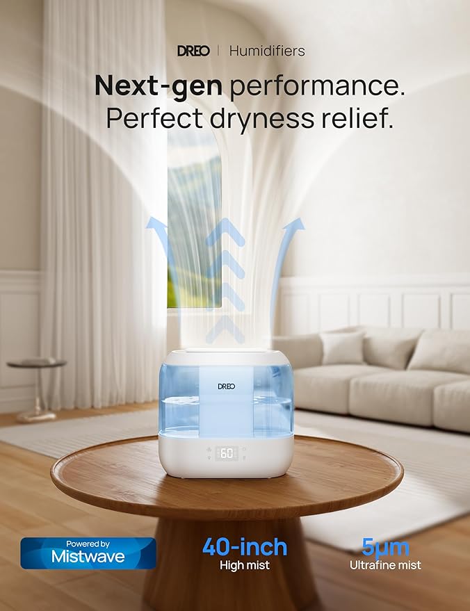 Humidifiers for Bedroom - DREO Quiet (4L Water Tank) Cool Mist Top Fill Essential Oil Diffuser for Home, Smart App & Voice Control, Rapid Ultrasonic Humidification Baby Nursery and Plants, Blue