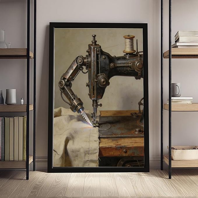 Framed Steampunk Mechanical Sewing Machine Wall Art - Retro Industrial Workshop Poster for Home Office Studio Decor 08x12in
