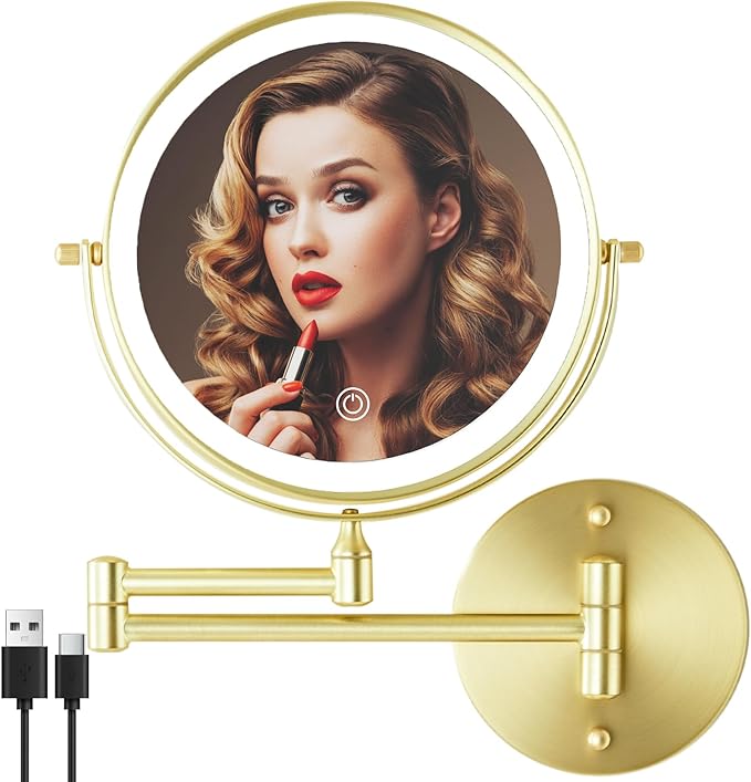 Rechargeable Wall Mounted Lighted Makeup Vanity Mirror 8 Inch Double Sided 1X 10X Magnifying Bathroom Mirror, 3 Color Lighting, Touch Screen Dimming, 360 Rotation Shaving Mirror Gold