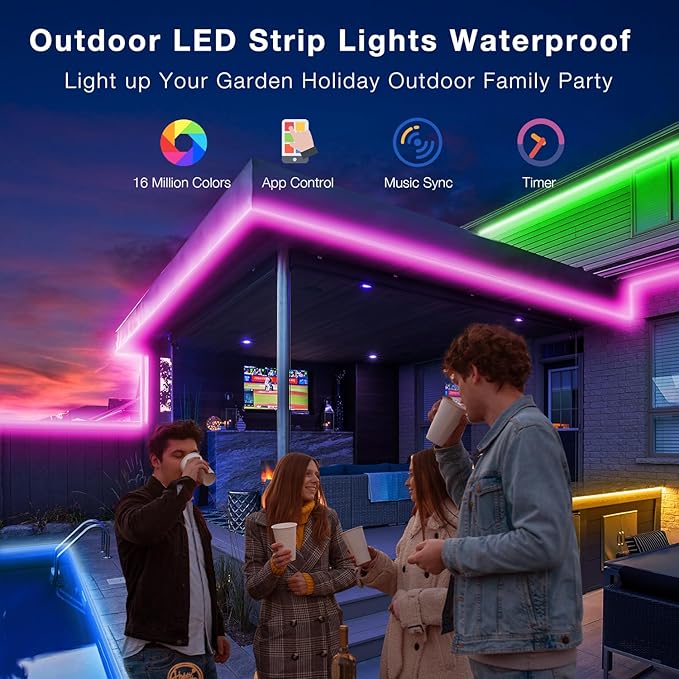 Outdoor LED Strip Lights Waterproof 100ft, IP67 Waterproof LED Light Strips with Remote, Music Sync APP Control, RGB Color Changing LED Lights for Eaves, Roof, Pool, Patio, Outdoor Decorations
