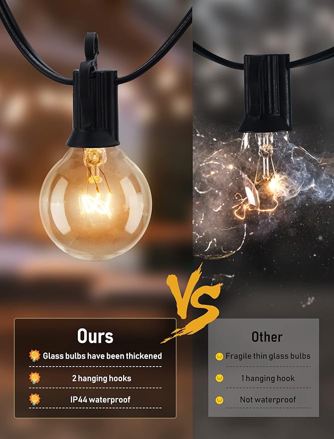 Outdoor String Light 50Feet G40 Globe Patio Lights with 52 Edison Glass Bulbs(2 Spare), Waterproof Connectable Hanging Christmas Lights for Backyard Porch Balcony Party Xmas Decor, E12 Socket, Black