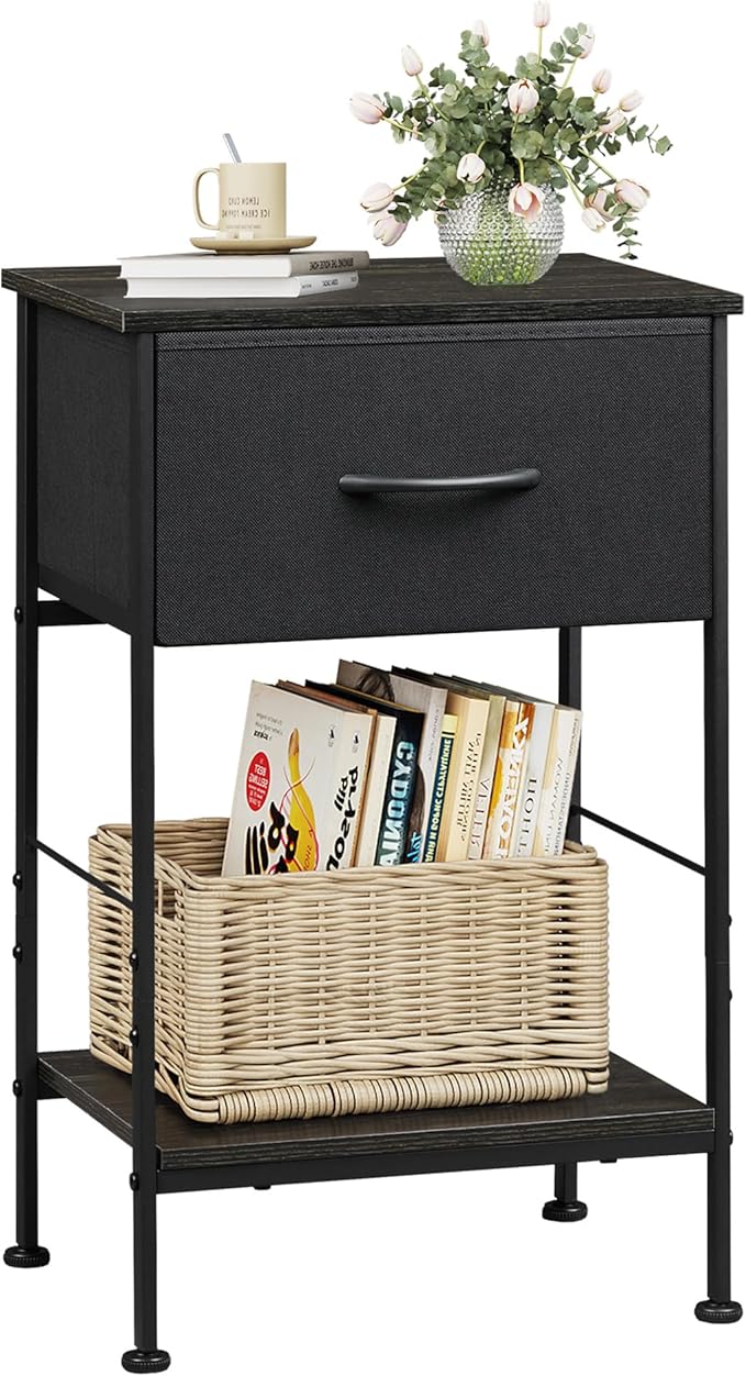 WLIVE Black Nightstand, Bedside Table with Fabric Storage Drawer, Open Wood Shelf, Night Stand for Bedroom Furniture, End Table for Dorm, Entryway, 25.03" Height