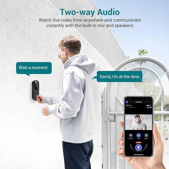 1080p Smart Video Doorbell Camera Wireless, Doorbell Receiver Included, Live View, AI Human Detection, 2.4G WiFi, Night Vision, Cloud Storage, Battery Powered, Indoor Outdoor Surveillance