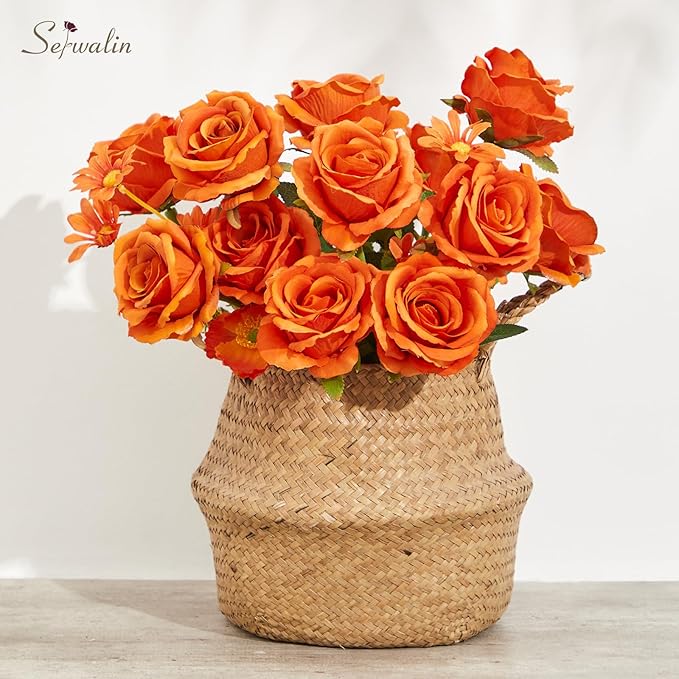 Serwalin 20pcs 4'' Big Orange Artificial Roses, Large Flower Head Silk Rose Velvet Real Touch, Fake Roses Long Stems Realistic Bouquet for Wedding, Table Centerpiece Home Decor