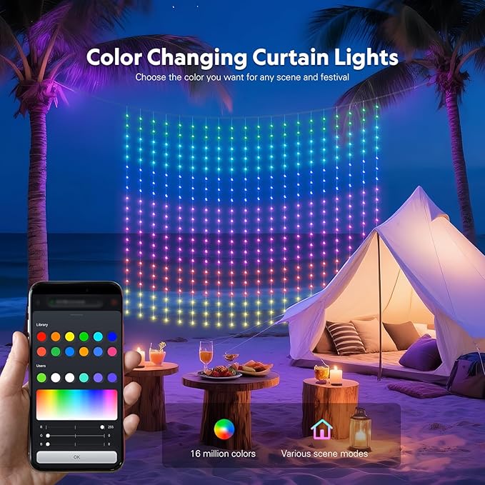 JMEXSUSS App-Controlled Color Changing Curtain Lights, 400 LED RGB String Lights for Halloween, Bedroom, Window, Wall, Party, Backdrop, Christmas, Indoor, and Outdoor Decorations, 6.5x6.5ft
