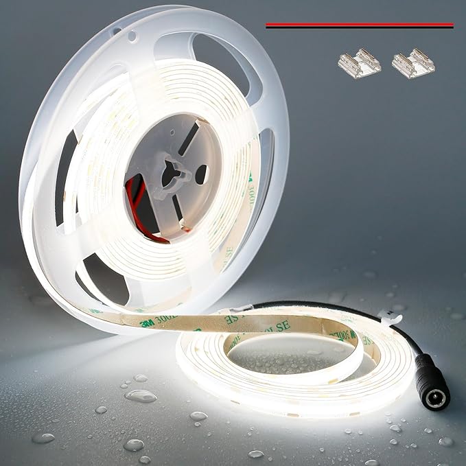 TOPAI 12V COB LED Strip Light Daylight White 5000K Waterproof IP65 480LEDs/M Super Bright 4000Lm CRI>90 16.4ft/5M Dotless High Density Cuttable Flexible for Cabinet Home DIY Lighting Projects