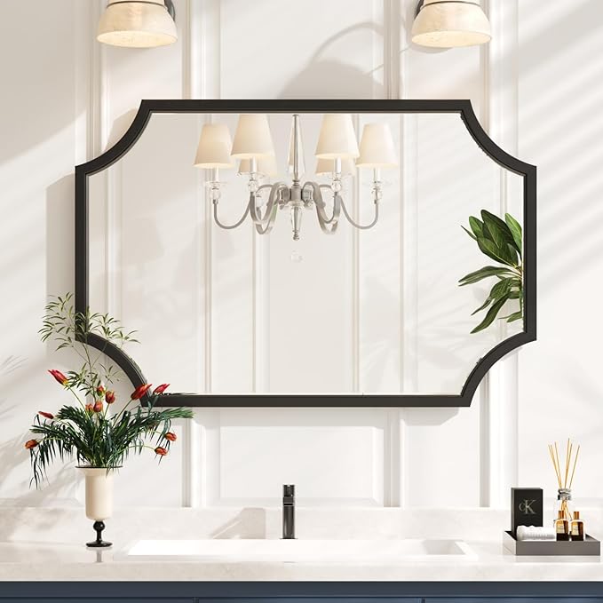Kelly Miller Scalloped Black Bathroom Mirror for Wall, 24"x36" Black Mirror Decorative Wall Mirror Art Framed Mirror Bevelled for Master Bath Half Bath Living Room Fireplace Mantle Entryway Hallway