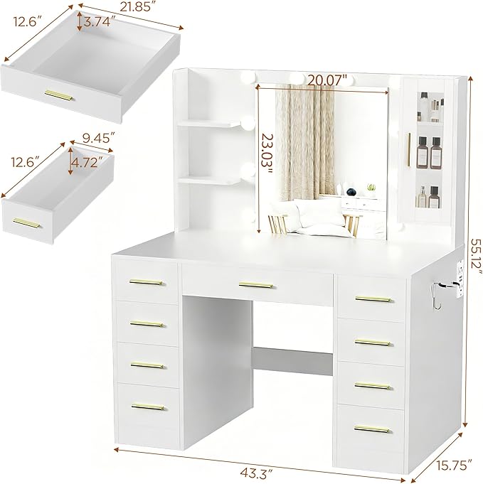 Vanity Desk with Mirror and Lights, Large 43" Makeup Vanity Desk with 9 Drawers and Power Outlet, 3 Open Shelves, White and Gold
