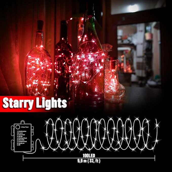 LAMPHOME 100 LED 33FT Red Valentine Lights, Valentine's Day Fairy Lights Battery Operated, Twinkle String Light Multi Functions & Timer with Remote for Christmas Bedroom Wedding DIY Centerpiece Decor