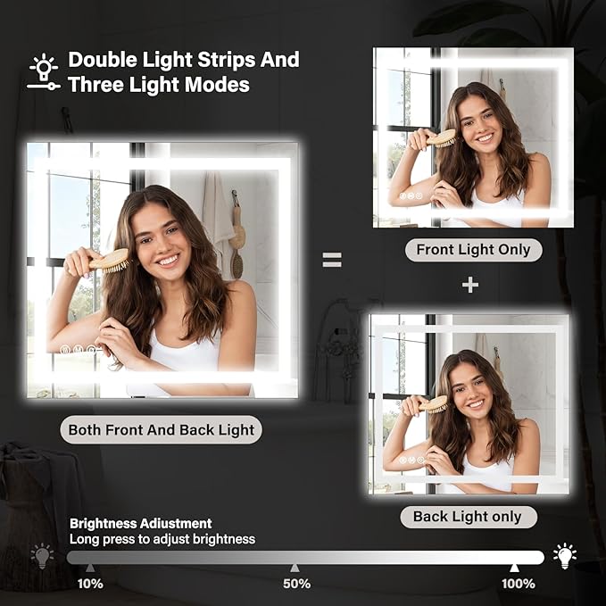 40"x 40" LED Bathroom Mirror, Backlit + Front Lit, LED Bathroom Mirror with Lights for Wall, 3 Colors, Anti-Fog, Dimmable Brightness, Tempered Glass