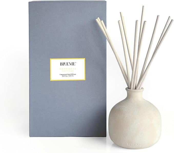 Blueme Happiness Diffuser | Yuzu & Ginger | 16.91 Fl Oz - Refillable Wellness Diffuser, Contains Essential Oil, Sustainable, Hand Finished, Premium, Luxury Ceramic, Natural Rattan Reeds | Large