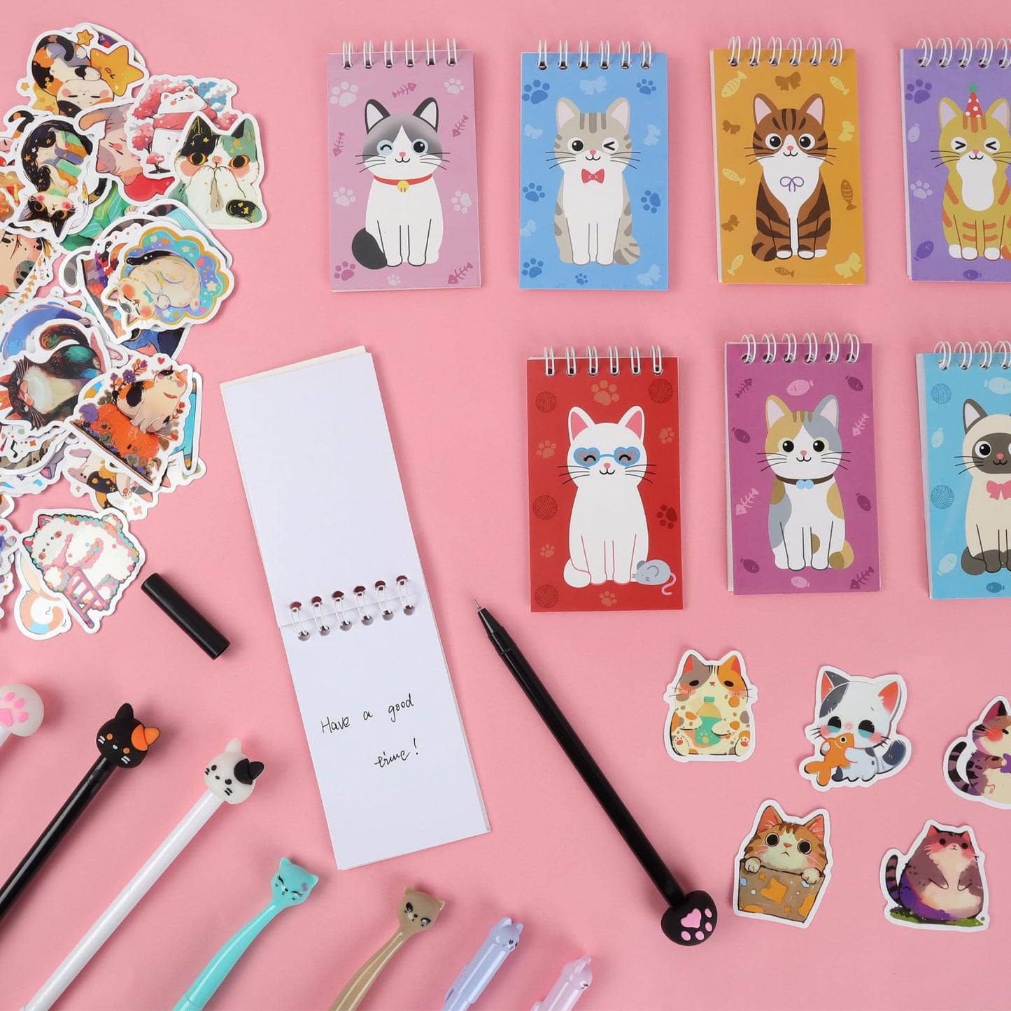 UJSGGA 148 Pcs Cat Animal Party Favors Bulk Cat Mini Spiral Notepads Cat Pens Stickers Set for PET Birthday Party Classroom School Reward Gift Prizes Goodie Bags Stuffers