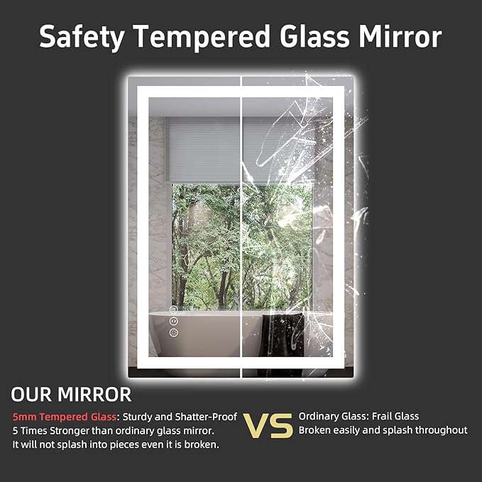 20"x 28" LED Bathroom Mirror with Front and Backlight, Stepless Dimmable Bathroom Mirrors with Anti-Fog, Lighted Bathroom Vanity Mirror for Wall, Shatter-Proof Led Mirror for Bathroom