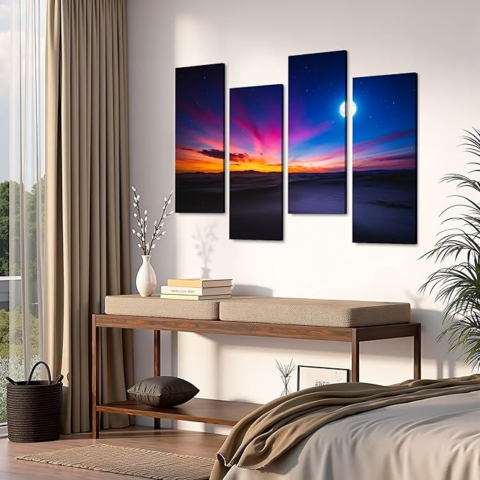 Canvas Wall Art Prints Pictures Moon sky Framed Posters Modern Wall Painting Artwork Gift Home Decor for Living Room Ready to Hang 4 Panel
